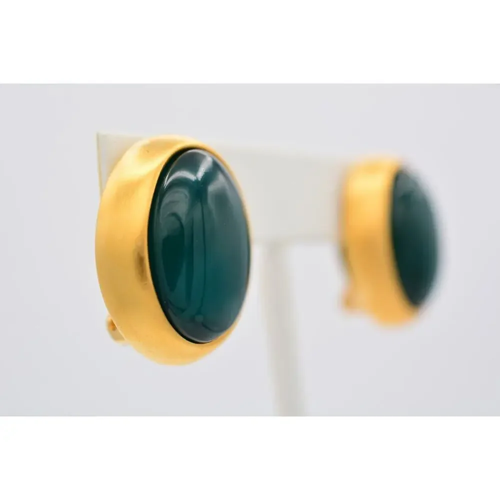 Givenchy Vintage Cabochon Clip On Earrings Teal Brushed Gold Chunky Signed BinAY - Picture 4 of 12